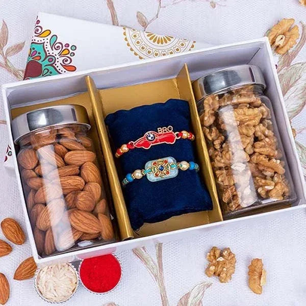 Two Designer Rakhis With Almonds N Walnuts In Signature Box