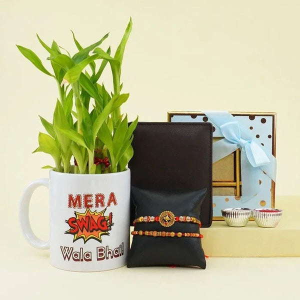 Mug with plant, black pouch, and decorative items on a light yellow background