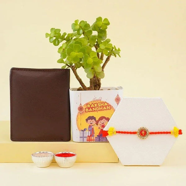 Brown wallet, potted plant, Raksha Bandhan card, and decorative bracelet on a yellow background