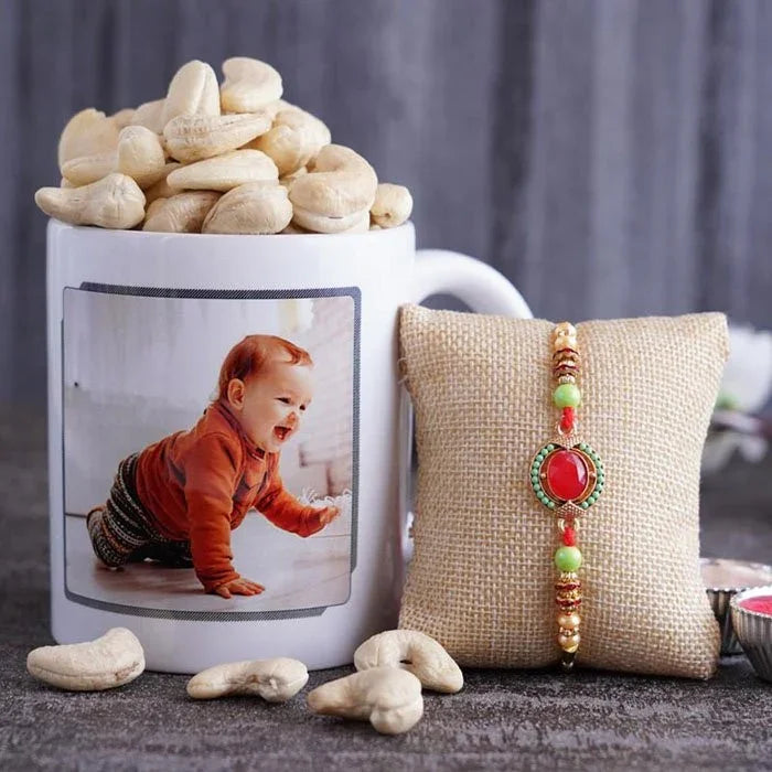 Beaded Rakhi With Mug And Cashews