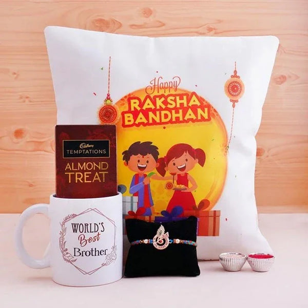 Gift set for Raksha Bandhan with mug, chocolate, pillow, and rakhi on a wooden background
