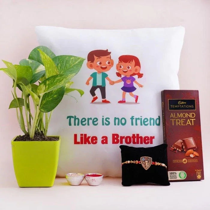 Rakhi With Cushion And Money Plant Combo