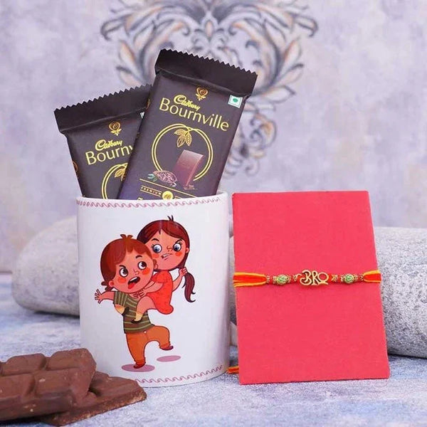 Cadbury Bournville chocolate bars with a cartoon-themed mug and a red card on a light background