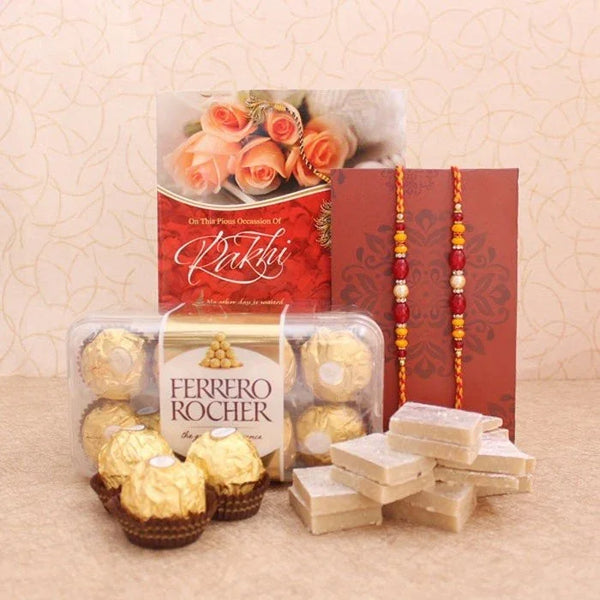 Ferrero Rocher chocolates, white blocks, and a box of roses on a textured beige surface.