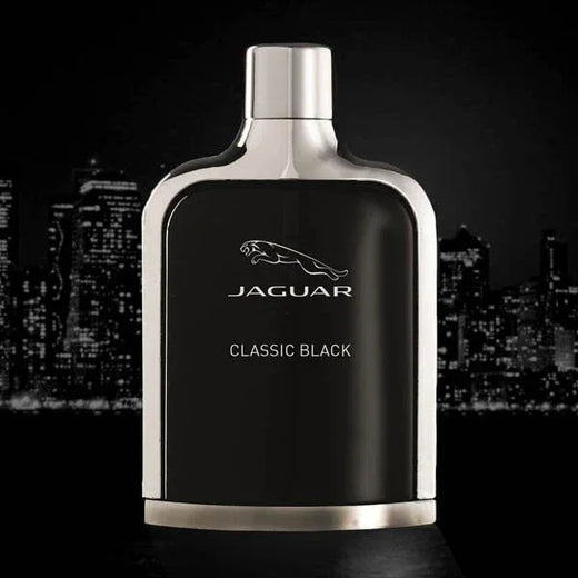 Jaguar Classic Black perfume bottle with a cityscape background
