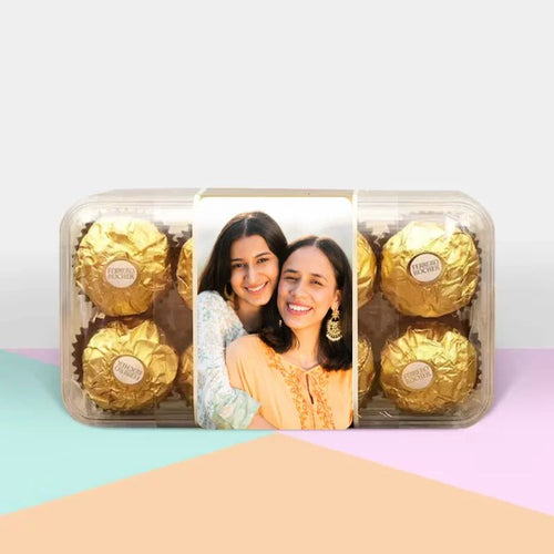 Ferrero Rocher chocolates with a photo of two women on a colorful background