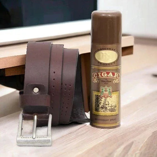 Brown leather belt and Cigar deodorant spray bottle on wooden table, men's gift set