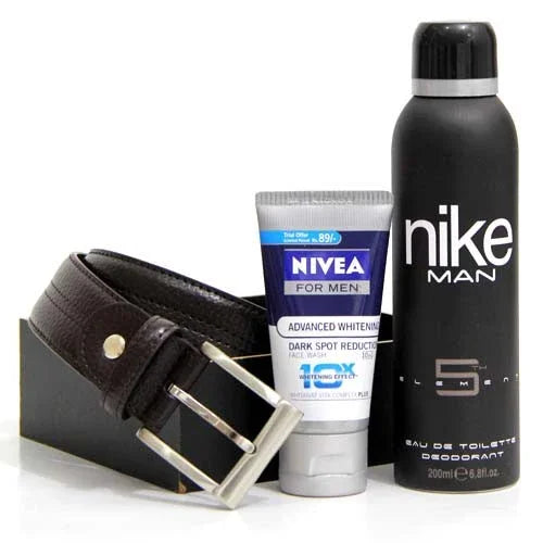 Men's gift set with black leather belt, Nivea face wash, and Nike deodorant