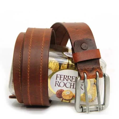 Brown leather belt and Ferrero Rocher chocolates gift set