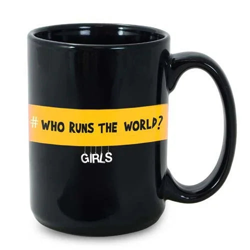 Black ceramic mug with yellow band and 'Who runs the world? Girls' printed, gift for women