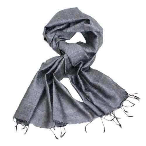 Elegant grey silk scarf with fringed edges, ideal for gifting and fashion accessories.
