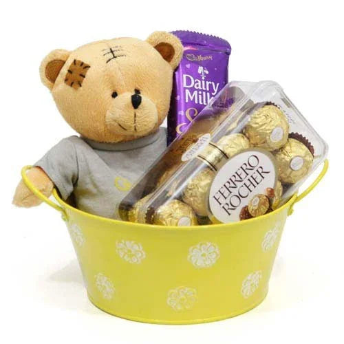 Chocolate Hamper with 65g Silk, 200g Ferrero Rocher & 6 Inch Teddy