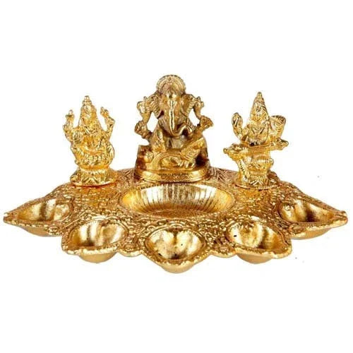 Gold-plated decorative diya with Hindu deities for festive home decor or gifting