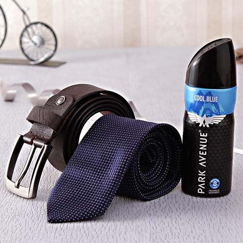 Men's gift set with leather belt, blue dotted tie, and Park Avenue Cool Blue deodorant