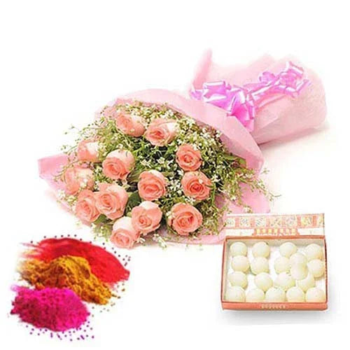 Pink rose bouquet with assorted sweets and colorful Holi powders for gifting