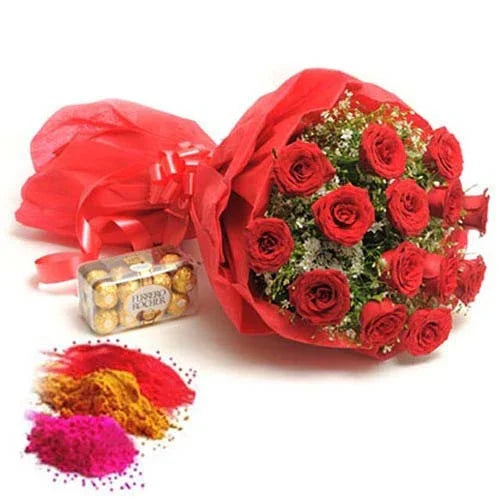 Red rose bouquet with Ferrero Rocher chocolates and colorful Holi powders