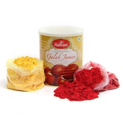 Halki Dairam's Gulab Jamun with yellow and red powders on a white background