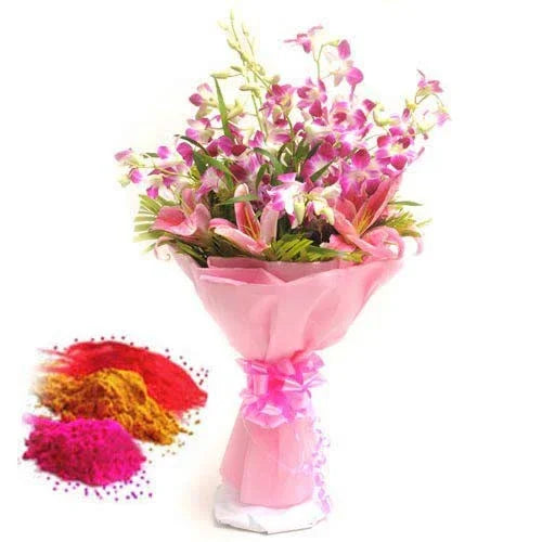 Pink orchid bouquet with festive colored powder for gifting and celebrations