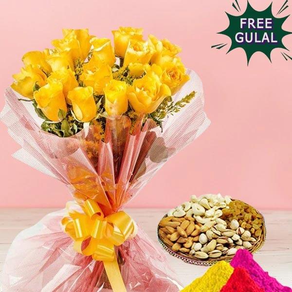 Bouquet of yellow flowers with a bowl of nuts on a pink background, featuring 'Free Gual' text.