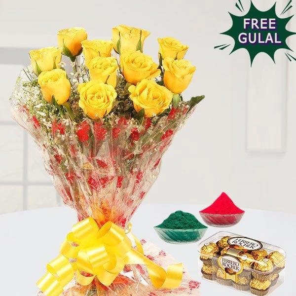 Bouquet of yellow roses with a yellow bow, holi colors, and Ferrero Rocher chocolates on a white background.
