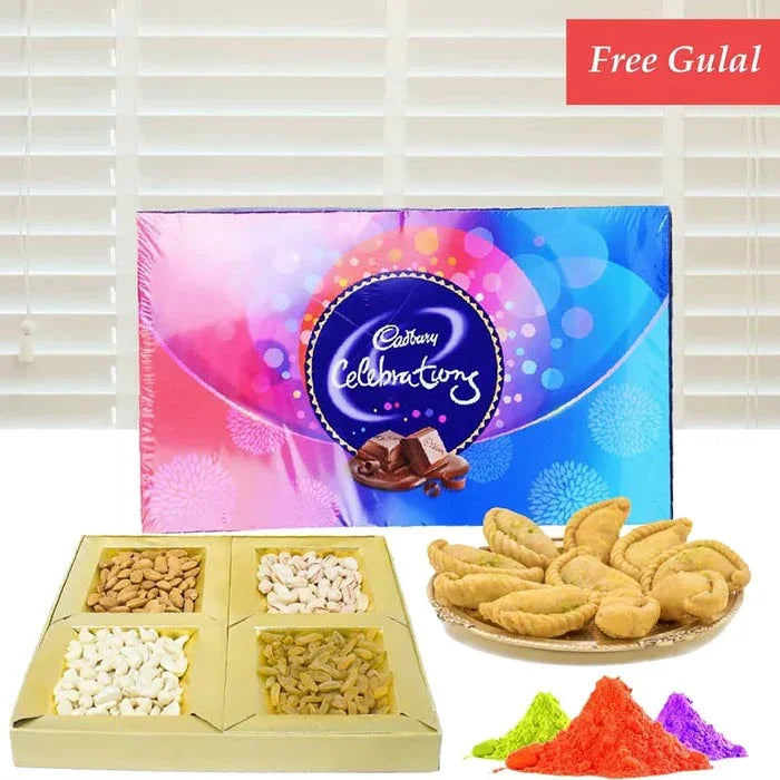 Cadbury Celebration chocolate box with a plate of snacks and colorful gulal powder on a white background.