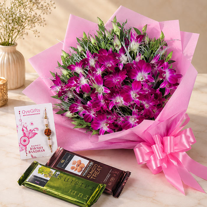 Orchid Bouquet with Temptation Rakhi Combo