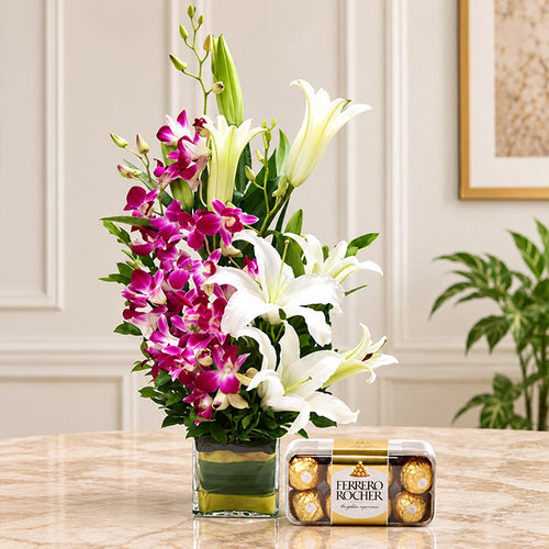 Orchid & Lily Glass Vase with 16 Ferrero Rocher