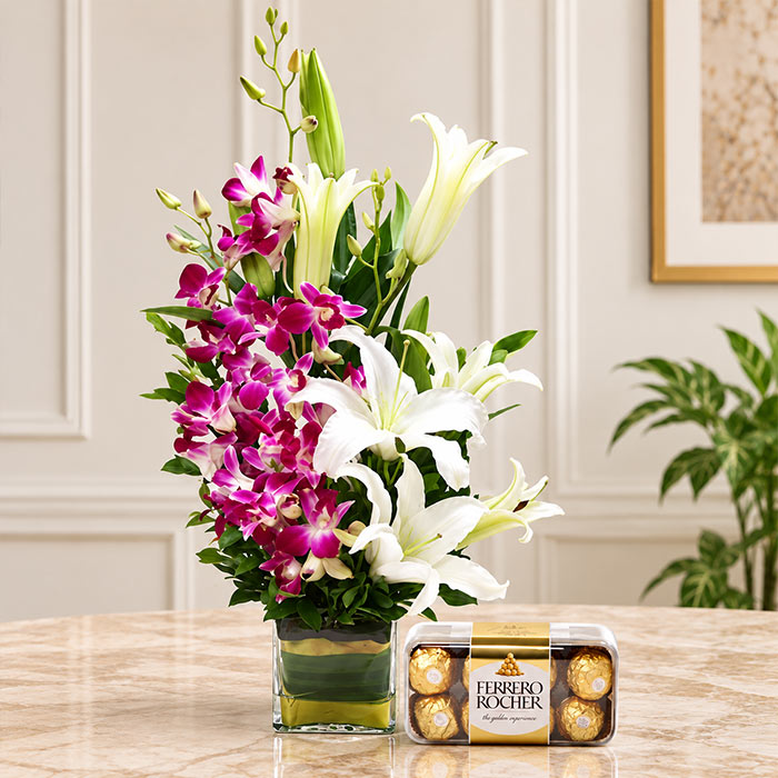 Orchid & Lily Glass Vase with 16 Ferrero Rocher