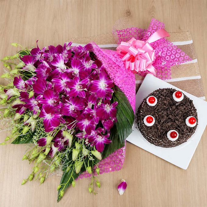 Purple Orchid Bouquet with Half Kg Black Forest Cake - Orchids Gift for Men