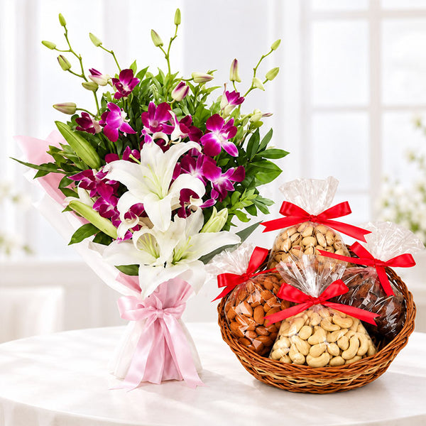 Orchids & Lilies Bouquet with 1kg Mix Dryfruit Basket