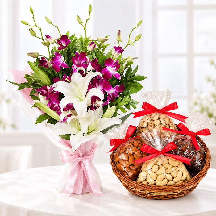 Orchids & Lilies Bouquet with 1kg Mix Dryfruit Basket