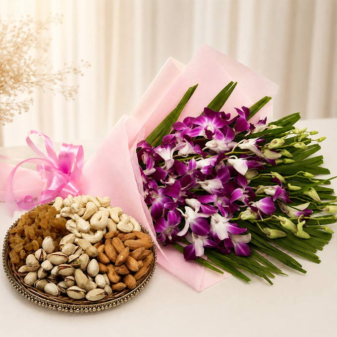 Purple Orchid Bouquet with 500g Assorted Dry Fruits - Orchids Gift for Men