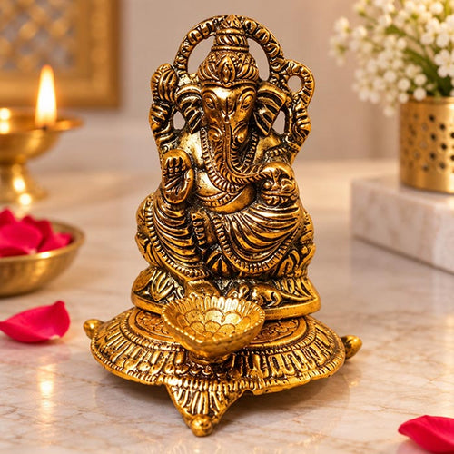 Oxidized Ganesha Idol With Diya 4 x 3 Inches