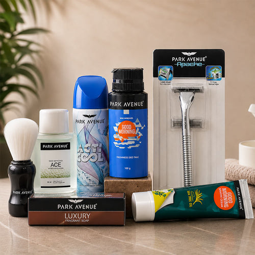 Collection of Park Avenue grooming products on a bathroom counter.