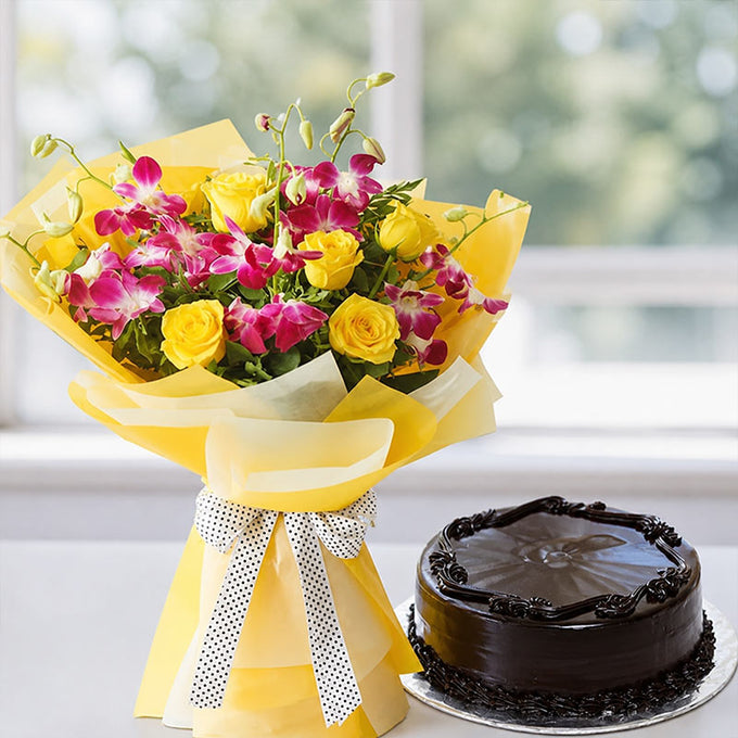Yellow Roses & Purple Orchids with Cake - Flower Delivery in GiftsGhaziabad