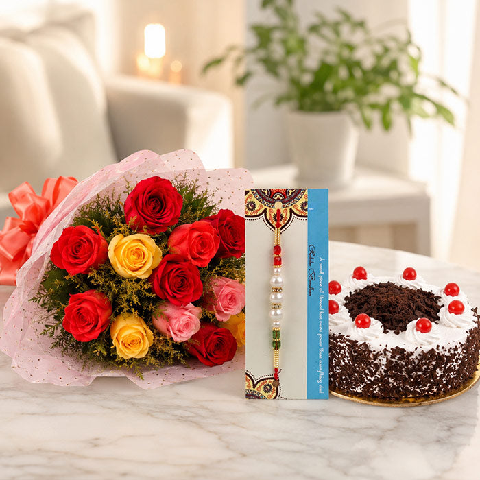 Pearl Rakhi with 10 Mixed Roses & Half Kg Black Forest Cake