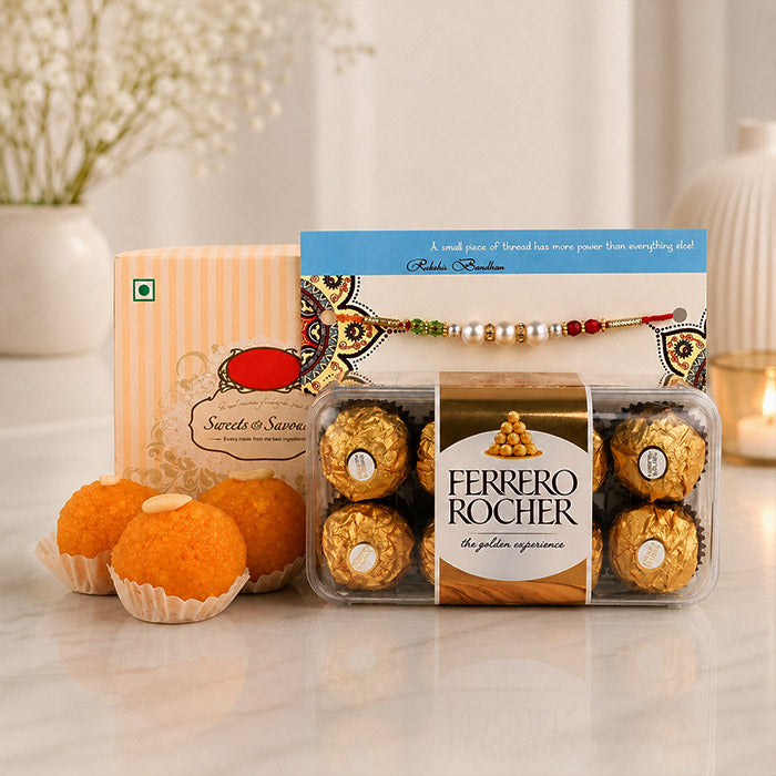 Pearl Rakhi with 16 Ferrero Rocher & Motichoor Laddoo Box