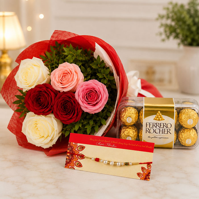Pearl Rakhi with 6 Roses & 16 Ferrero Rocher Gift Combo