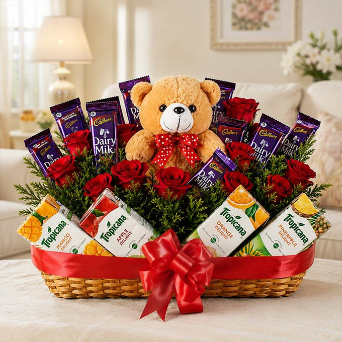 Red Roses Basket with Cadbury Chocolates Teddy & Fruit Juice Hamper - Flower Delivery in GiftsGhaziabad