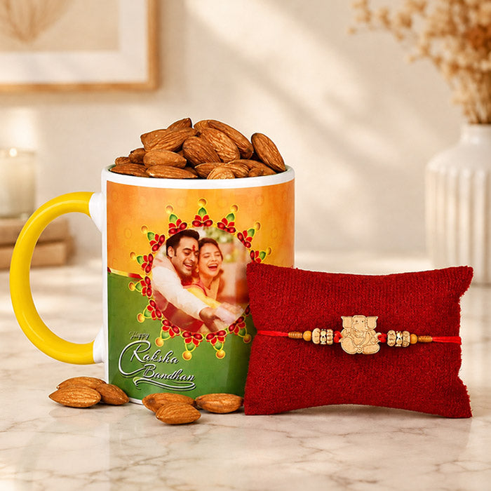 Personalised Ceramic Mug with Almonds & Traditional Rakhi Gift Set