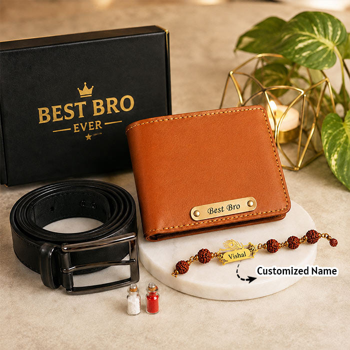Personalized Best Bro Wallet, Belt & Premium Rakhi Gift Hamper