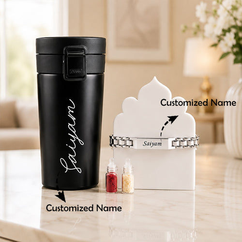 Personalized Black Travel Sipper Bottle with Engraved Name & Premium Bracelet Rakhi Gift Set Online Gift Delivery