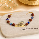 Personalized Peacock Feather Name Rakhi with Rudraksha & Evil Eye Beads customer review image