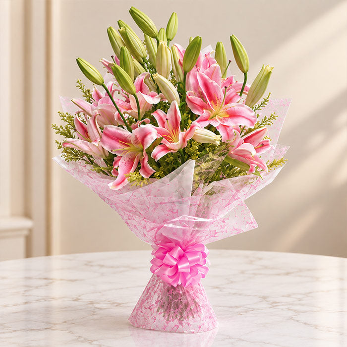 Pink Asiatic Lily Bouquet with 6 Fresh Blooms