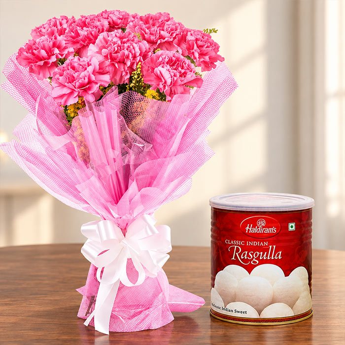 Pink Carnation Bouquet with 1 Kg Rasgullas Gift Combo