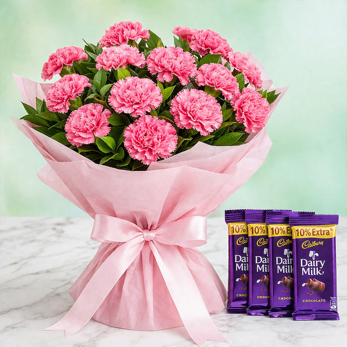 Pink Carnations Bouquet with 5 Dairy Milk Chocolates