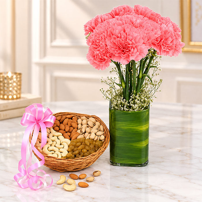 Pink Carnations with 500g Mixed Dry Fruit Basket