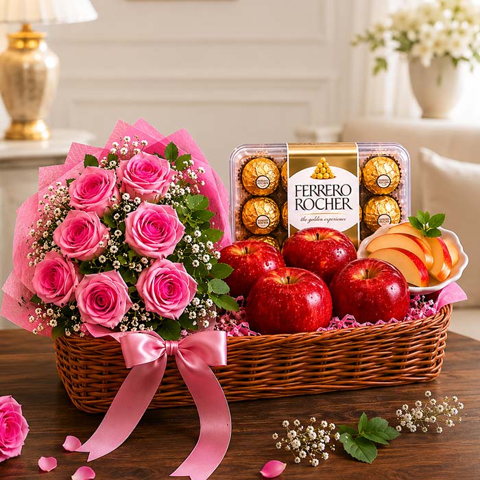 Bouquet of pink roses, apples, and Ferrero Rocher chocolates in a basket on a wooden table.