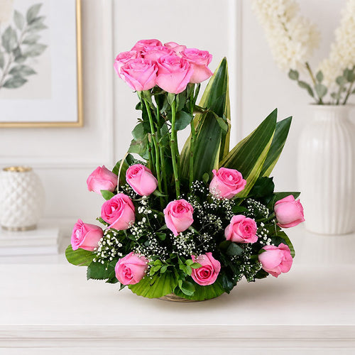 20 Pink Roses Basket for Anniversary Gift | OyeGifts
