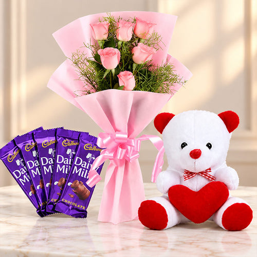 Pink Roses Bouquet with Teddy & Cadbury Dairy Milk Chocolates